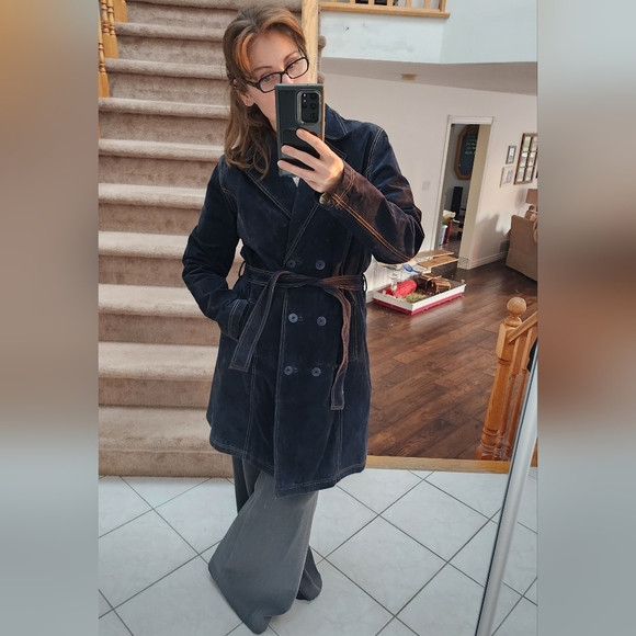 Wilsons Leather Navy Suede Double-Breasted Trench XL - Picture 7 of 12